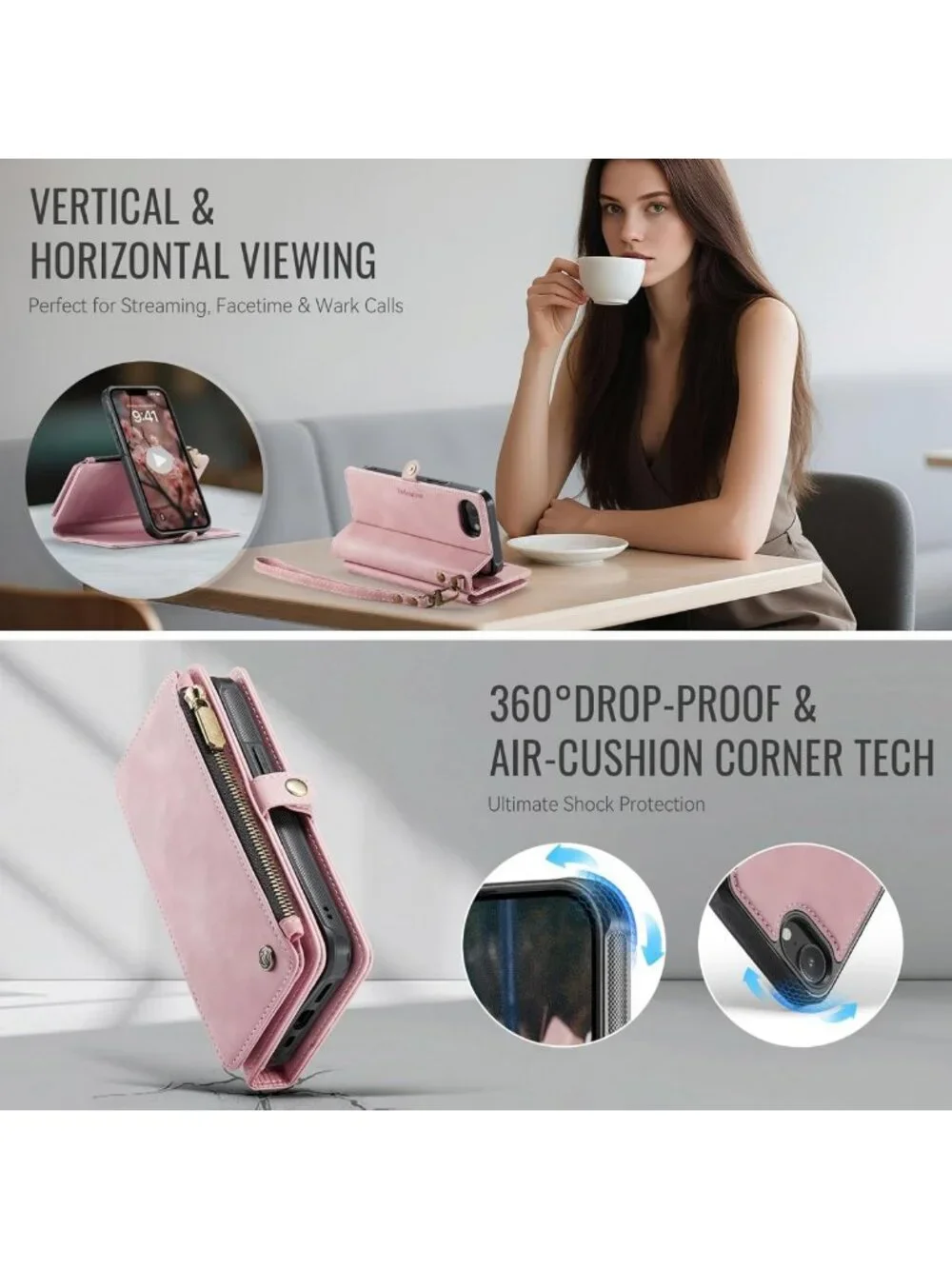 Stylish Rose Pink Wallet Case for iPhone 17e/16e, MagSafe Compatible, Slim
